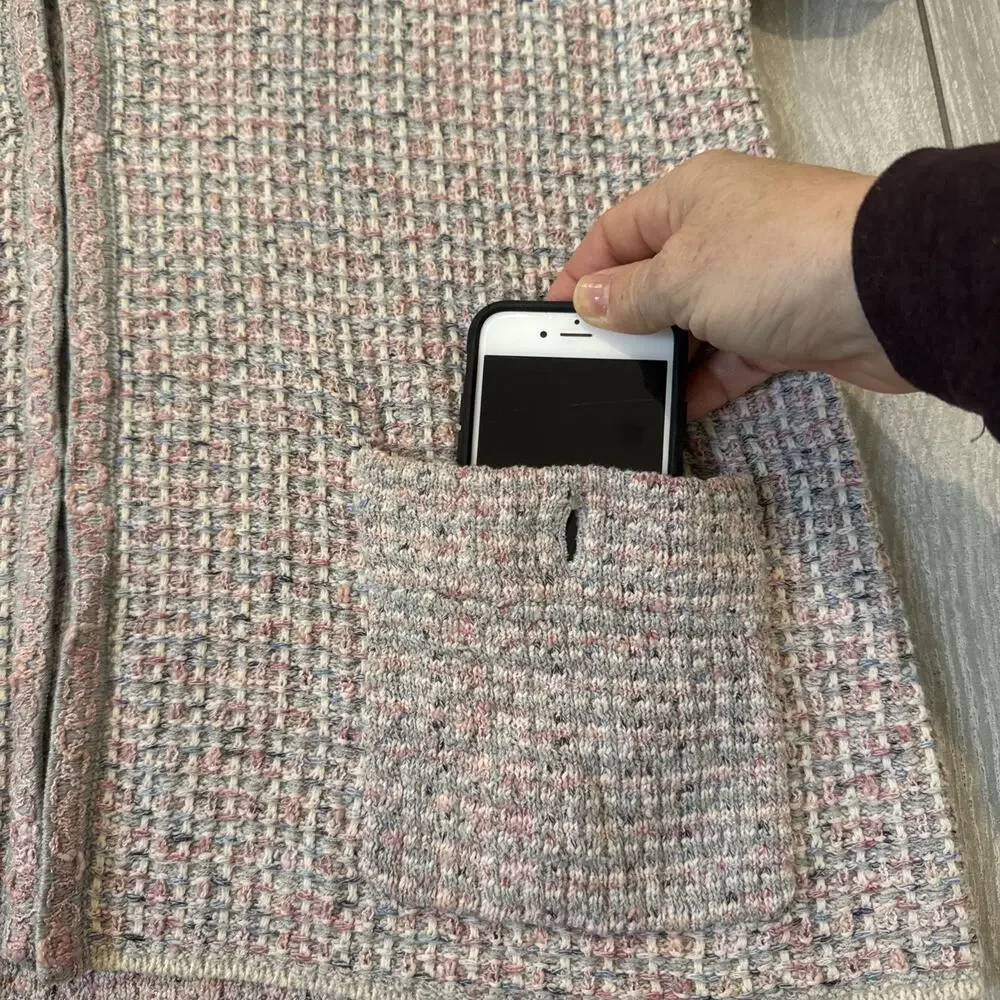 J Jill Sweater Cardigan Pink Gray Girly Spring Knit Pockets Size Large New